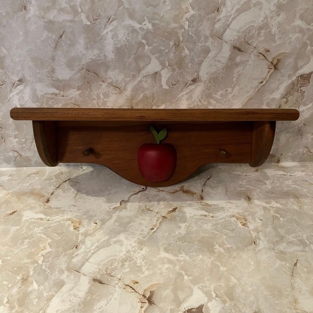 Vintage Solid Oak Apple Wall Shelf Peg Rack Country Kitchen Teacher Decor 16"